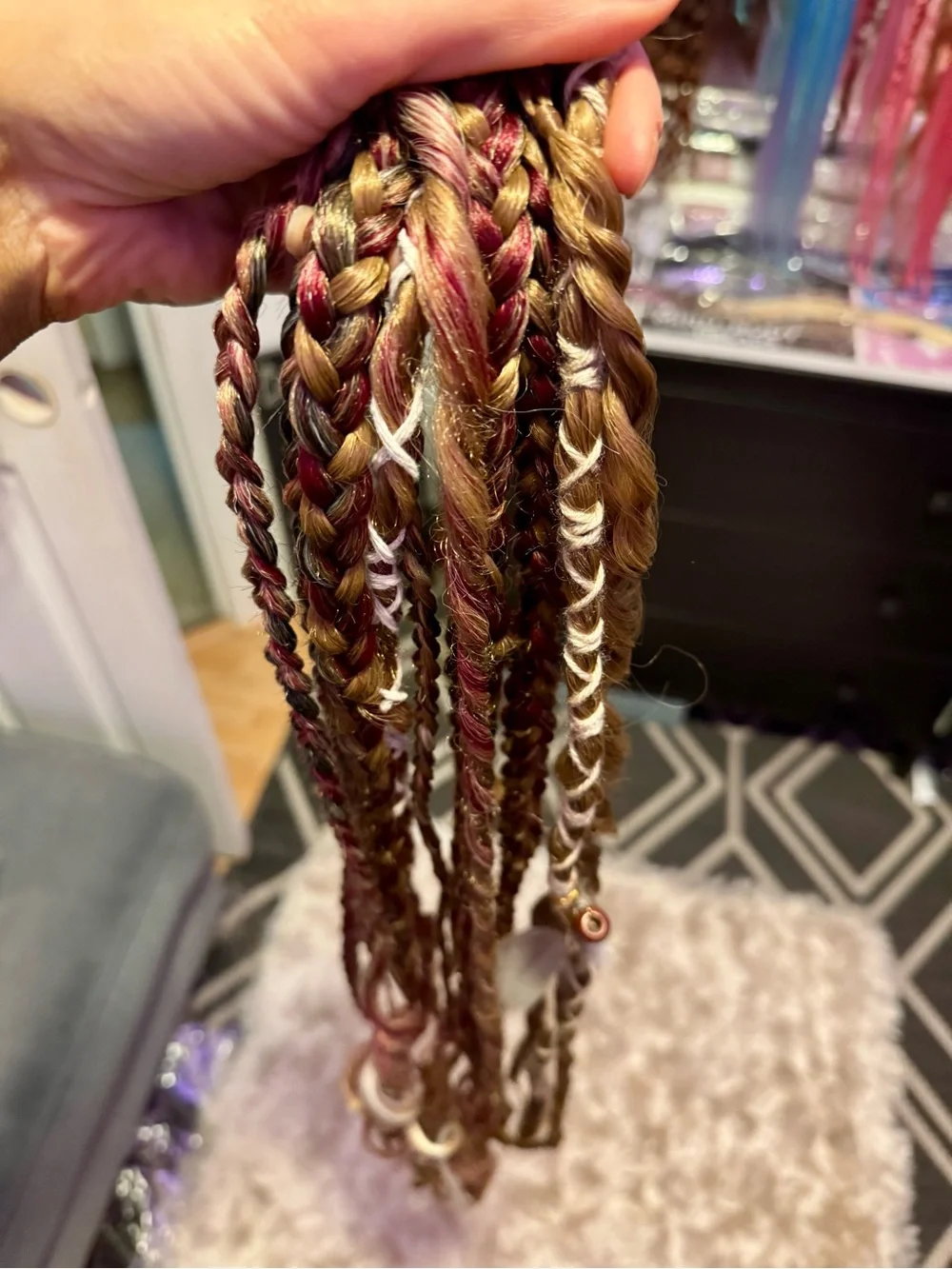 Hand-Braided Hair Extensions with Feathers and Beads - Brown & Burgundy